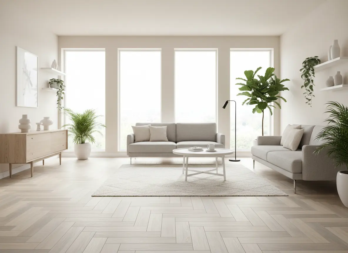 Séjour lumineux avec carreaux de sol EasyTiles à bâtons rompus