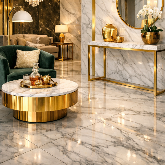 Luxe interieur met glanzende marmerlook vloertegels en gouden accenten in woonkamer en hal