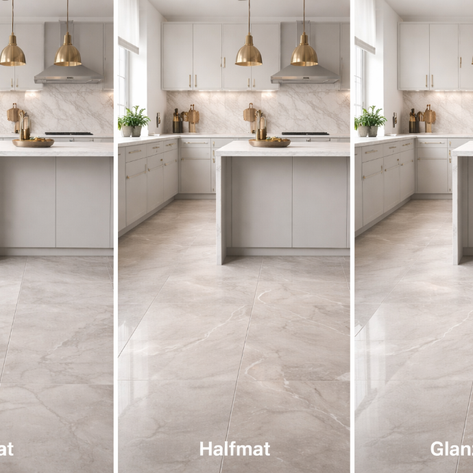 Vergelijking van mat, halfmat en glanzend keramische vloertegels in moderne keuken met marmerlook
