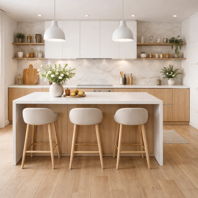 Lichte moderne keuken met keramische houtlook vloertegels, wit kookeiland en houten accenten