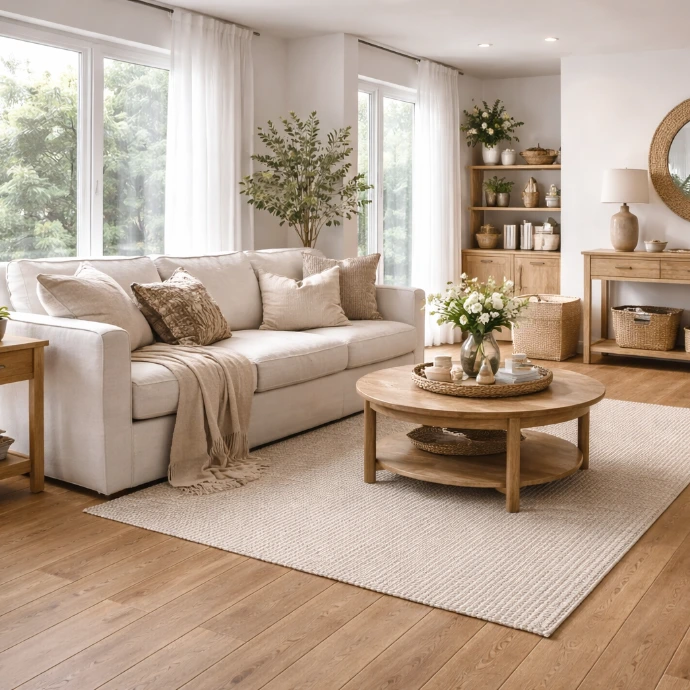 Landelijke woonkamer met keramische houtlook vloertegels, beige sofa en houten meubels