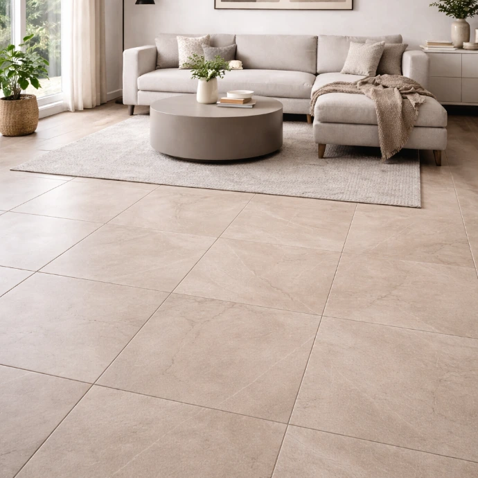 Lichte woonkamer met grote beige keramische vloertegels, grijze hoekzetel en ronde salontafel