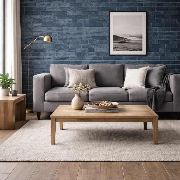 Moderne woonkamer met keramische houtlook vloertegels, grijze sofa en blauwe bakstenen accentmuur