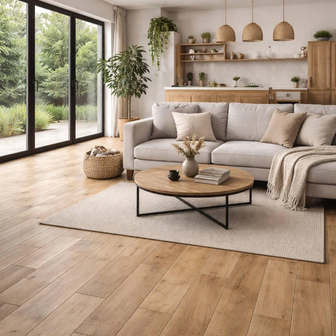 Lichte open woonkamer en keuken met keramische houtlook vloertegels, grijze sofa en houten accenten