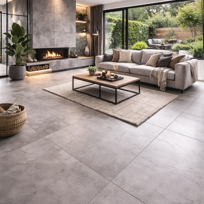 Moderne woonkamer met grote grijze betonlook keramische vloertegels, open haard en uitzicht op tuin