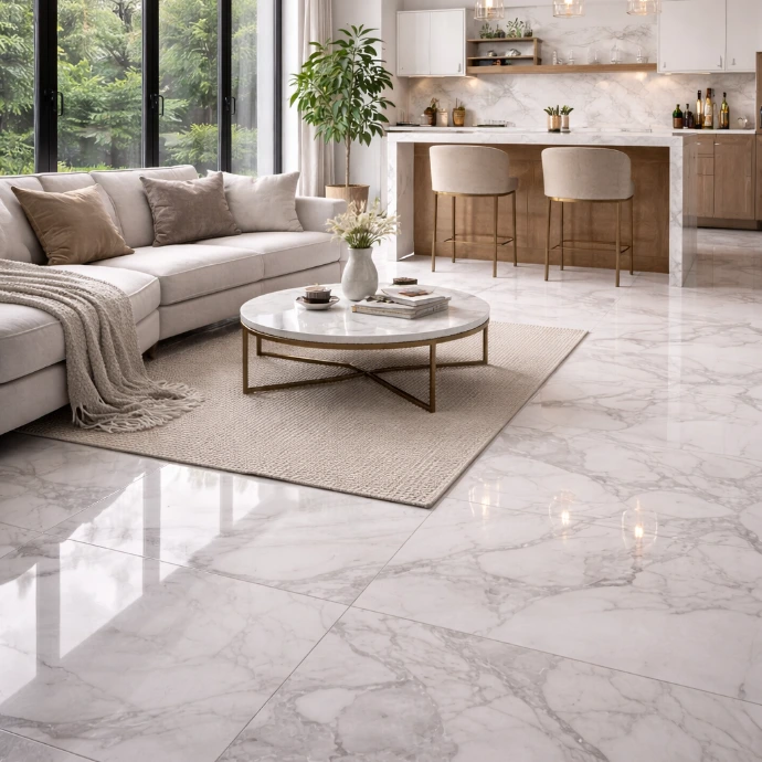 Luxe open woonkamer en keuken met glanzende marmerlook keramische vloertegels en moderne inrichting