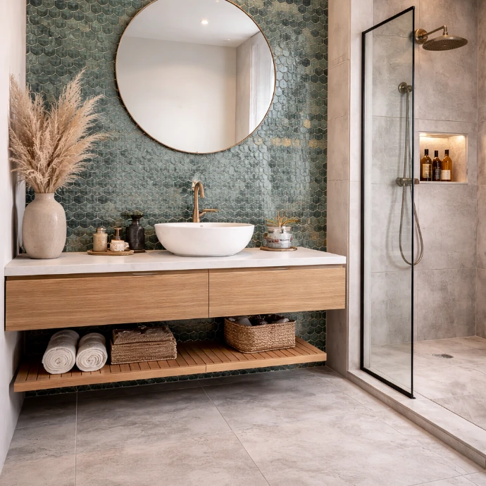 Moderne badkamer met grijze keramische vloertegels, groene mozaïek wandtegels en houten badkamermeubel