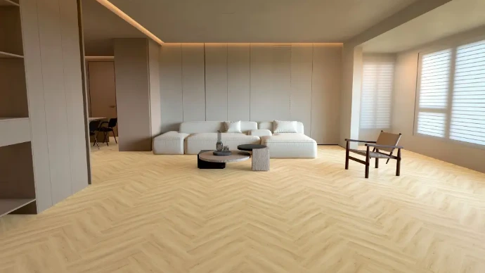 Moderne woonkamer met licht eiken EasyFloors vinyl visgraat vloer en minimalistische inrichting