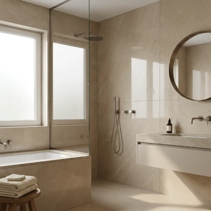 Modern bathroom with large beige wall panels, walk-in shower, bath and floating bathroom furniture.