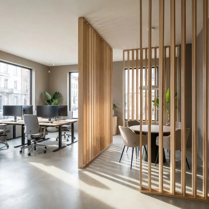 Mur en lattes de bois comme séparateur de pièce dans un bureau moderne avec des postes de travail et une salle de réunion.