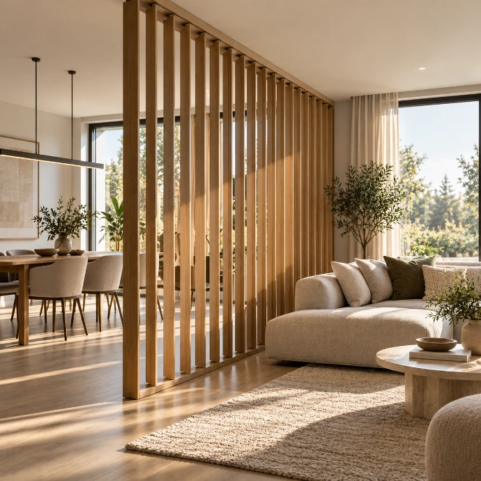 Salon moderne avec paroi de séparation en lamelles de bois qui sépare le coin salon et la salle à manger de manière élégante et ouverte.