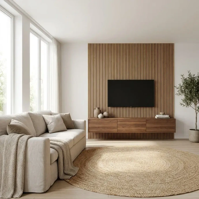 Scandinavische woonkamer met houten lamellenwand, zwevend walnoten tv-meubel, linnen bank en rond jute vloerkleed. Ontdek de rust van warm minimalisme.