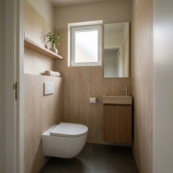 Moderne toiletruimte met beige wandpanelen in natuursteenlook, een hangtoilet en een compacte wastafel met houten meubel.