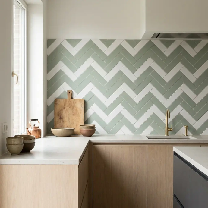 Moderne keuken met houten keukenkasten, wit werkblad en groen-witte visgraattegels als spatwand.