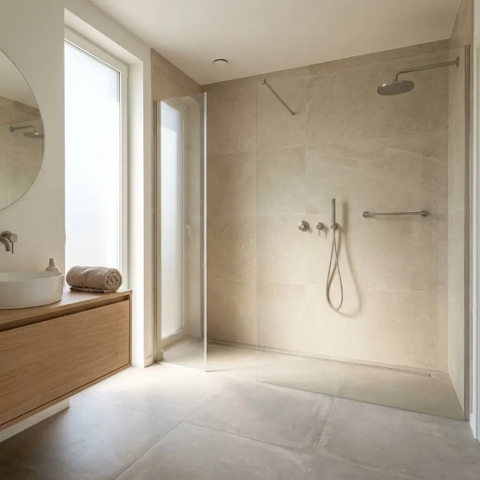  Moderne badkamer met grote beige natuursteenlook wandtegels 60x120, inloopdouche met glazen wand en houten wastafelmeubel.