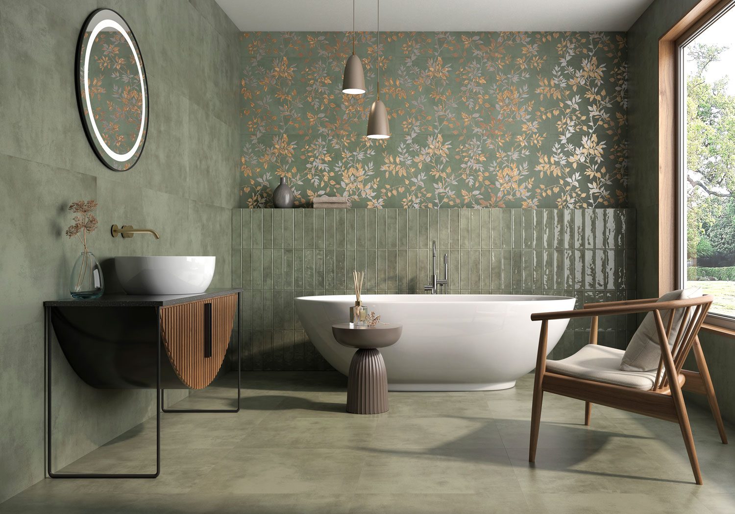 Badkamer met groene CERATONE tegels en decor