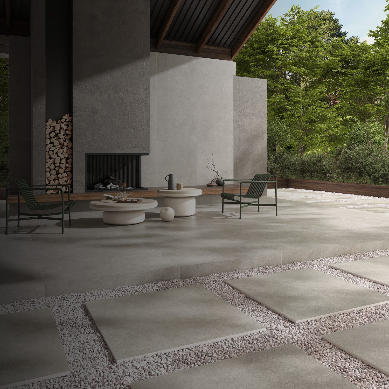 Terrasse avec grands carreaux extérieurs céramiques