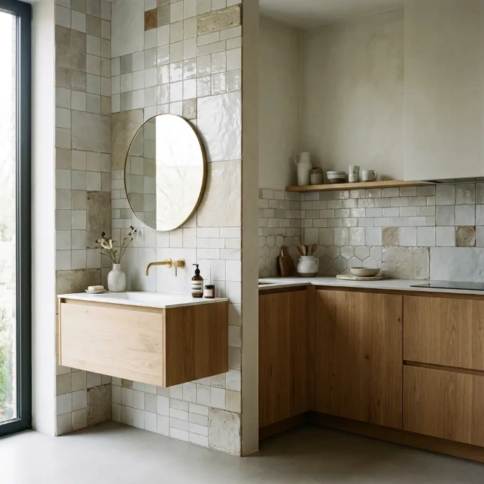  Keramische wandtegels in verschillende formaten en neutrale tinten, gecombineerd met houten badkamer- en keukenkasten en een moderne afwerking.