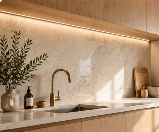 Moderne keuken met beige keramische wandtegels in rustige cementlook, gecombineerd met houten keukenkasten.