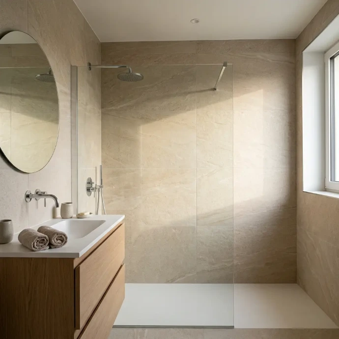 Moderne badkamer met grote keramische wandtegels in beige natuursteenlook, glazen inloopdouche en houten wastafelmeubel met ronde spiegel.