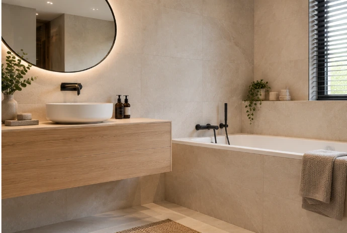 Stijlvolle badkamer met lichte keramische wandtegels, houten wastafelmeubel, ronde spiegel en betegelde badombouw.