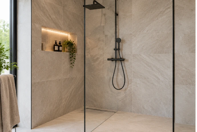 Moderne inloopdouche met grote keramische wandtegels in beige natuursteenlook, glazen douchewand en zwarte kranen.