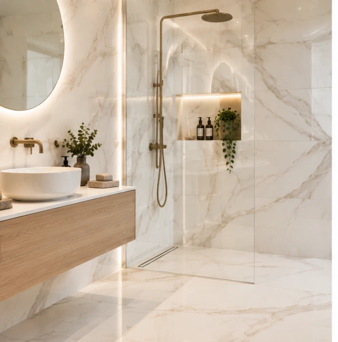 Luxe badkamer met lichte keramische wandtegels in marmerlook, inloopdouche en houten wastafelmeubel.