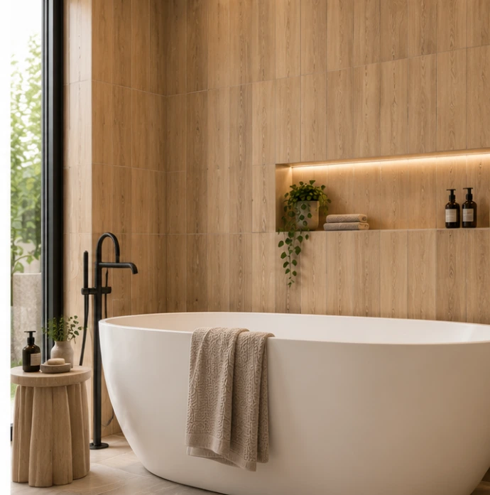Warme badkamer met keramische wandtegels in houtlook, vrijstaand wit bad en zwarte kranen.