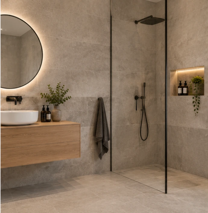 Moderne badkamer met grijze keramische wandtegels in betonlook, zwarte douchekranen en houten badkamermeubel.