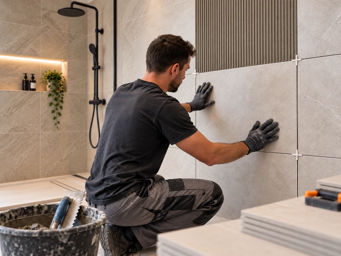 Vakman plaatst grote keramische wandtegels in een moderne badkamer met tegellijm en tegelafstandhouders voor een nauwkeurige afwerking.